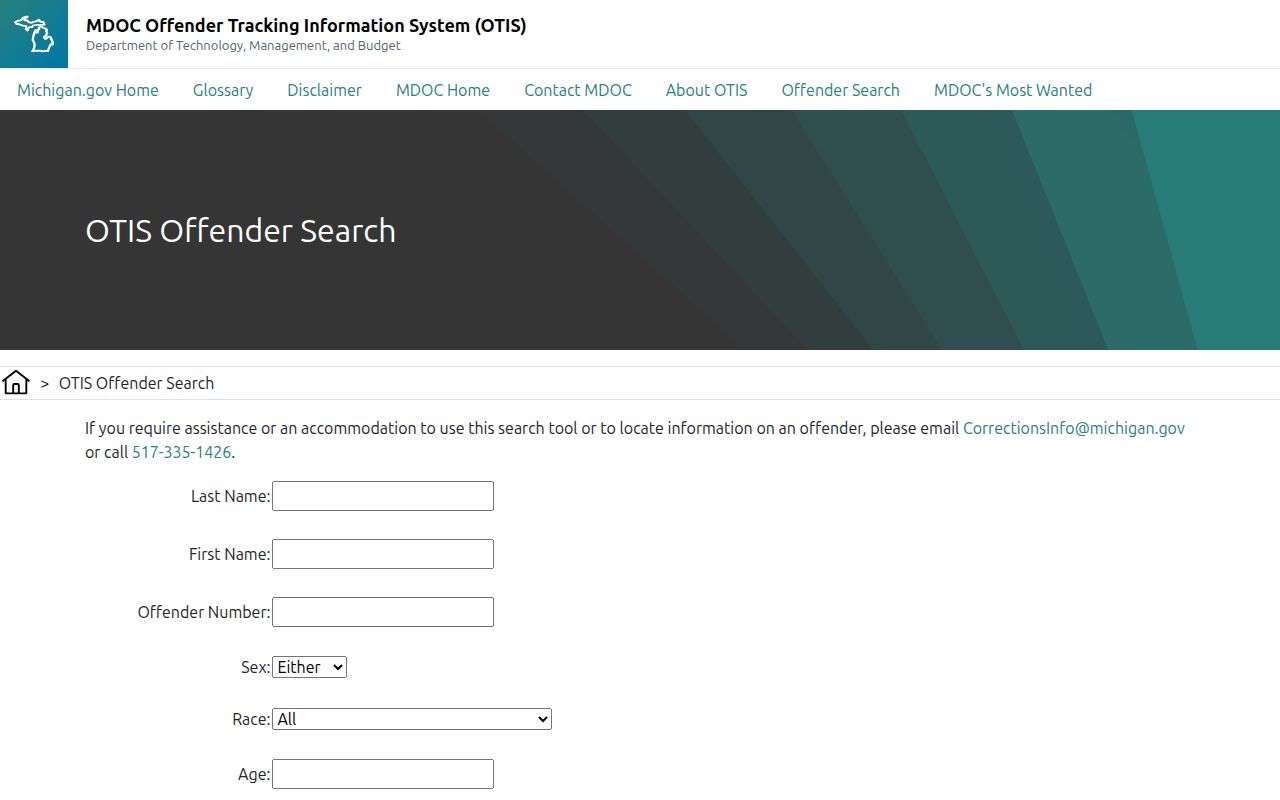 Michigan OTIS fields for an Osceola County released inmate search